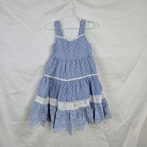 Shabby Chic Girls Blue White Lace Swiss Dot Embroidered Sleeveless Boho Dress 4T